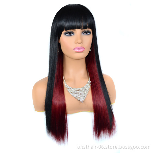 Black Mix Red Wigs Cosplay Long Bone Straight Hair Ombre Synthetic Wig With Bangs for Black Women Afro Heat Resistant Fibre